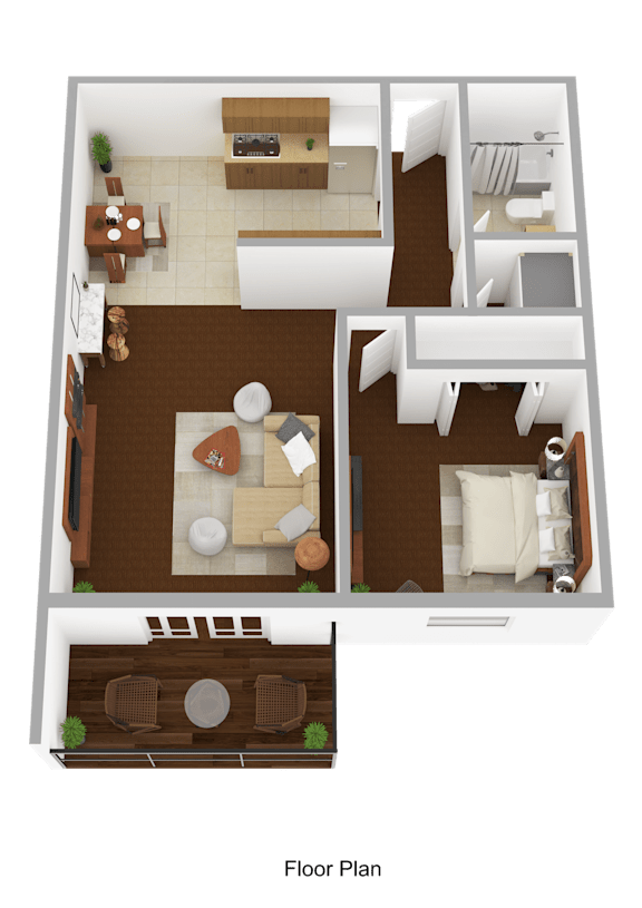 A floor plan of a house with a living room, dining area, kitchen, and bathroom.