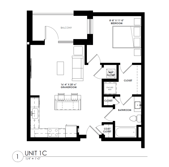 a floor plan of a unit with a bedroom and a living room