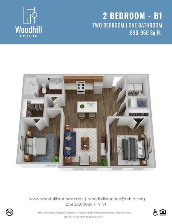 A floor plan of a 2 bedroom, one bathroom apartment at Woodhill Station East.