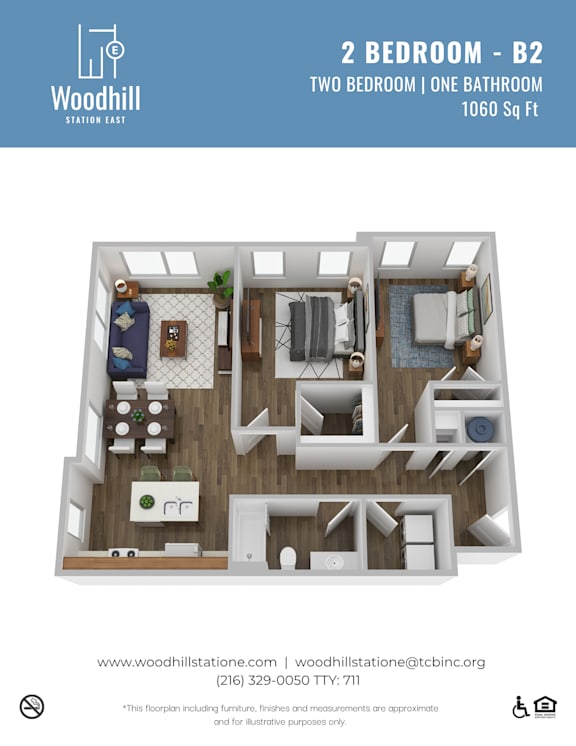 A 2 bedroom apartment layout with a bathroom and a living room.