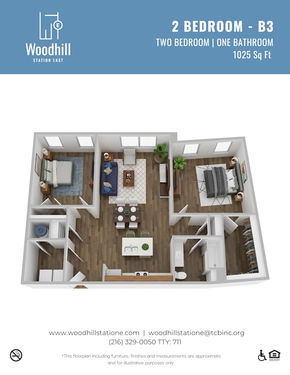 A 2 bedroom apartment with a bathroom is shown in the image.