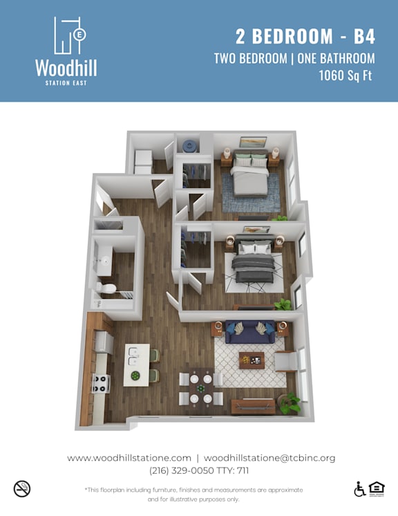 A floor plan of a 2 bedroom, one bathroom apartment at Woodhill Station East.