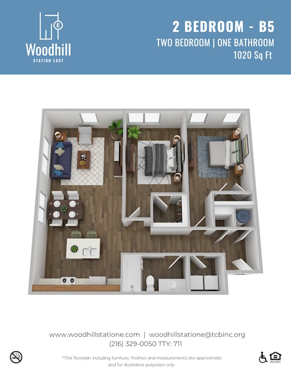 A floor plan of a 2 bedroom, one bathroom apartment at Woodhill Station East.