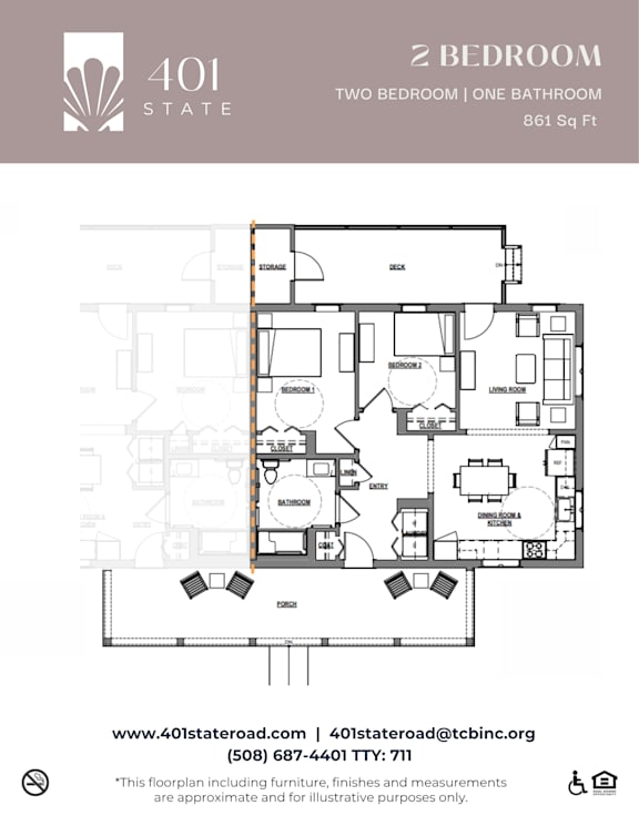 A floor plan for a 2 bedroom, one bathroom apartment at 401 State.