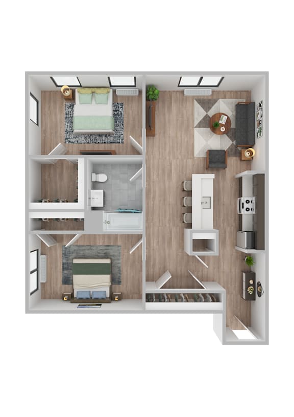 A top down view of a small apartment with a bedroom, living room, kitchen, and bathroom.