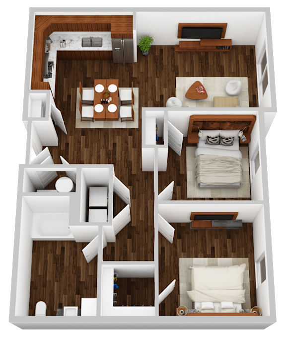 A top-down view of a small apartment with a bedroom, living room, and kitchen.