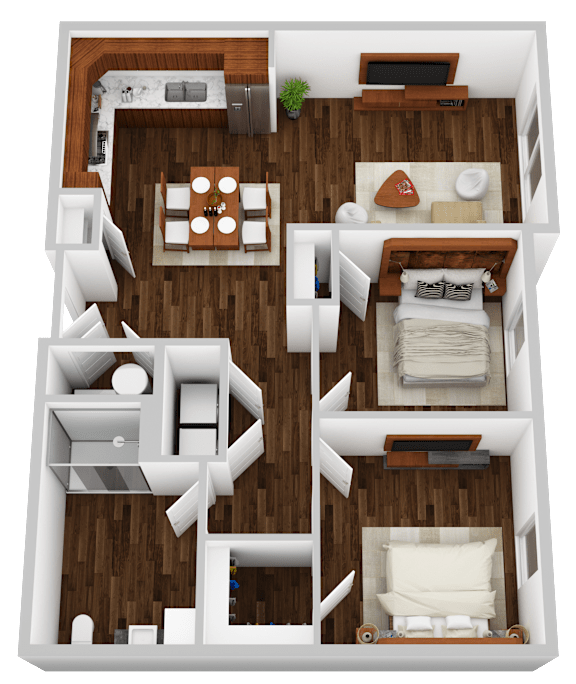 A top-down view of a small apartment with a bedroom, living room, and kitchen.