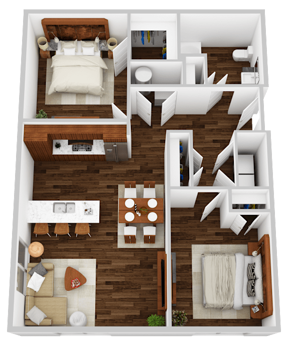 A top-down view of a small apartment with a bedroom, living room, kitchen, and bathroom.
