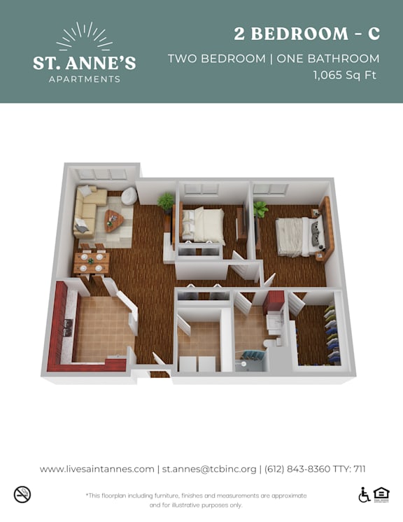 A floor plan of a 2 bedroom apartment with one bathroom.