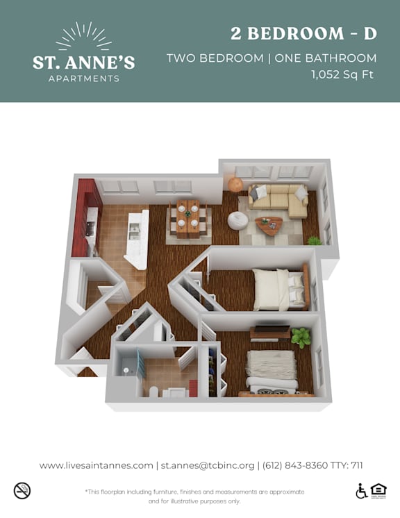 A floor plan of a 2 bedroom, one bathroom apartment at St. Anne's Apartments.