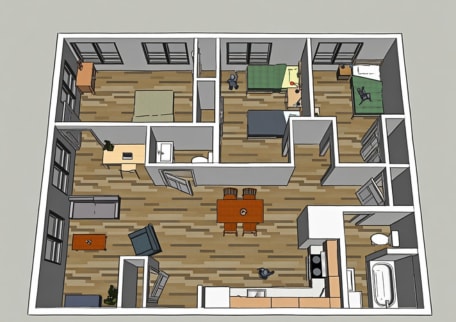 A floor plan of a house with a kitchen, living room, and bedrooms.
