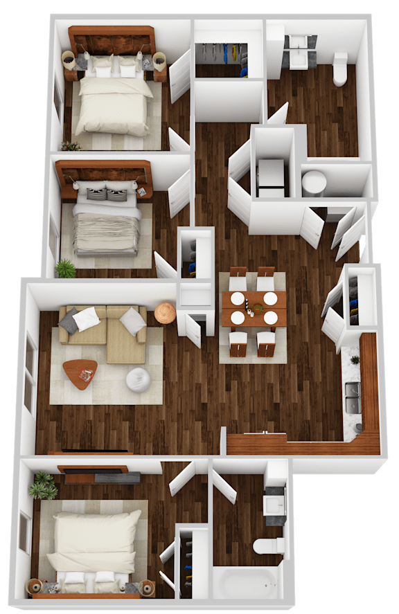 A top-down view of a house layout with two bedrooms, a living room, a kitchen, and a bathroom.