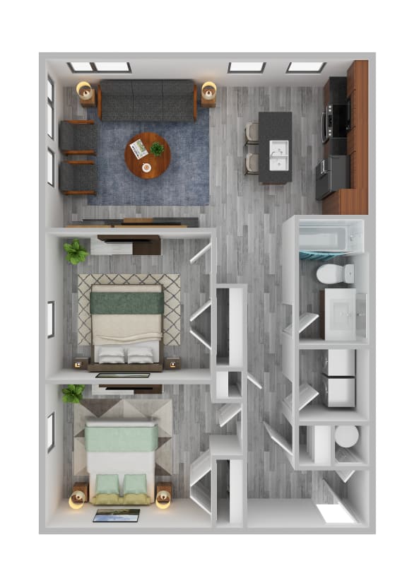 a 3d floor plan of a bedroom with a bathroom and a living room