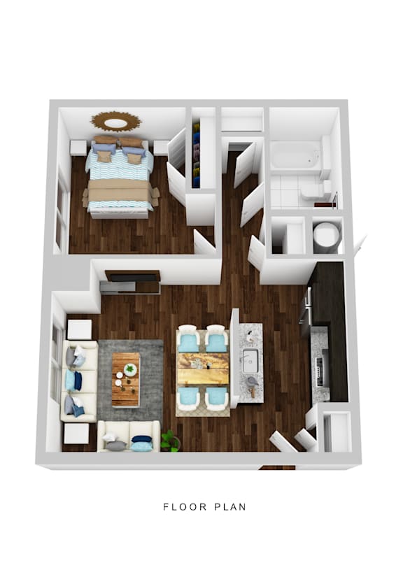 A floor plan of a small apartment with a bedroom, living room, and kitchen.