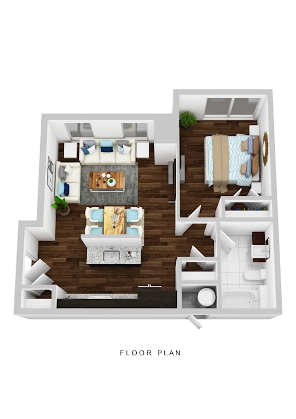 A floor plan of a house with a living room, dining room, kitchen, and two bedrooms.