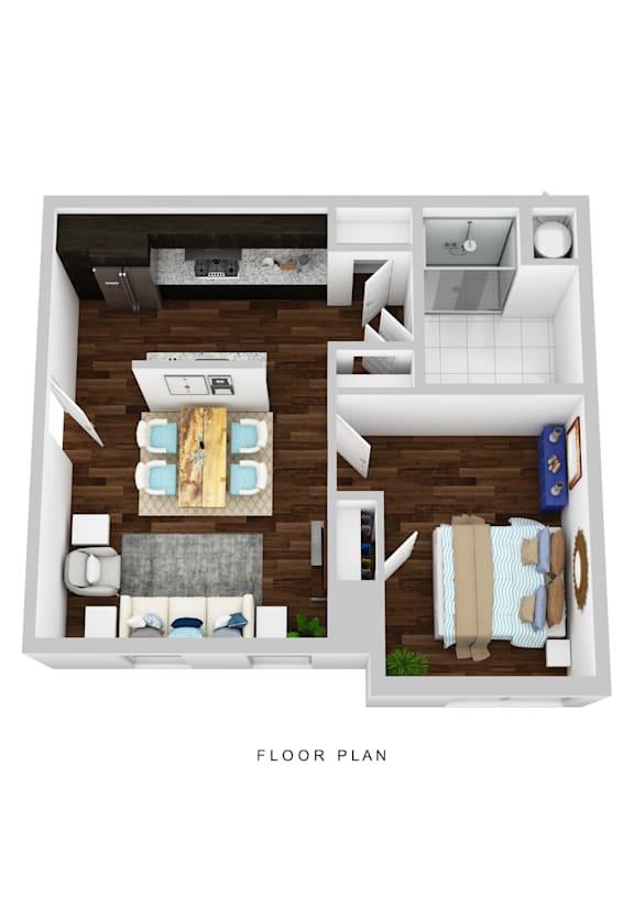 A floor plan of a house with a living room, dining room, kitchen, and bathroom.
