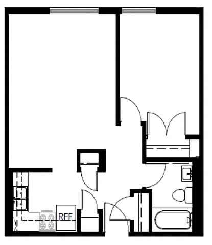 A black and white image of a floor plan with a kitchen, living room, and bathroom.