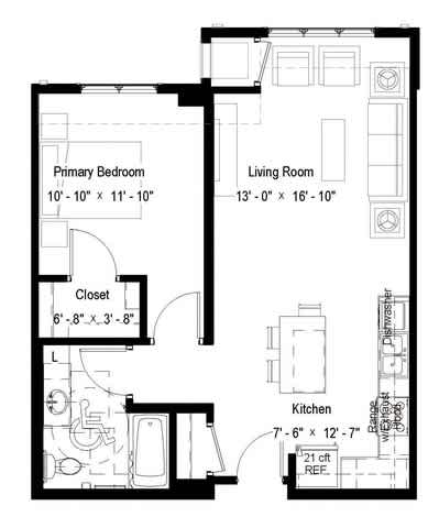 A floor plan of a small apartment with a primary bedroom, living room, kitchen, and closet.