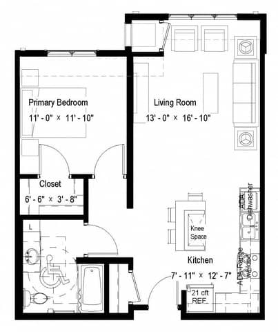 A floor plan of a small apartment with a primary bedroom, living room, kitchen, and closet.