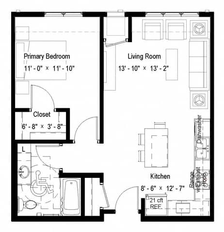 A floor plan of a small apartment with a primary bedroom, living room, kitchen, and closet.