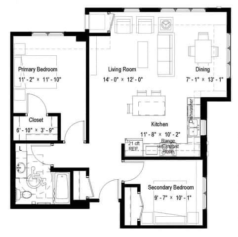 A black and white image of a house floor plan with a primary bedroom, living room, dining area, kitchen, and two bathrooms.