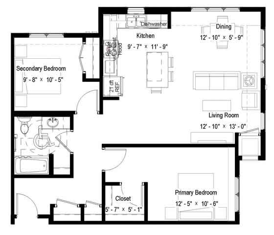 A black and white floor plan of a house with a living room, dining room, kitchen, and three bedrooms.