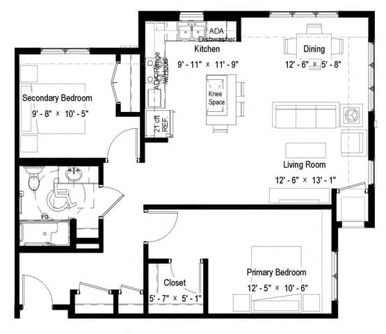 A floor plan of a house with a living room, dining room, kitchen, and two bedrooms.