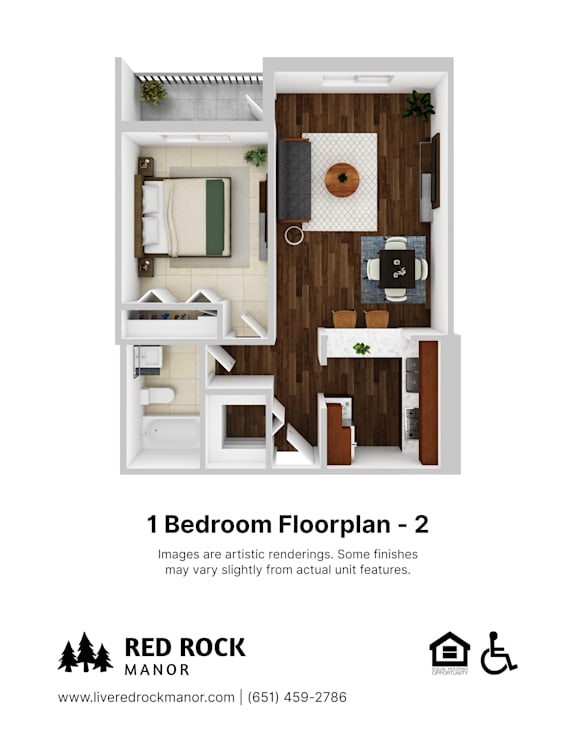 A floor plan of a one bedroom apartment at Red Rock Manor.