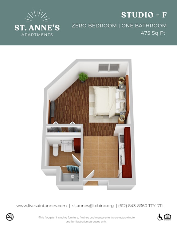 A floor plan of a one bedroom apartment with a bathroom.