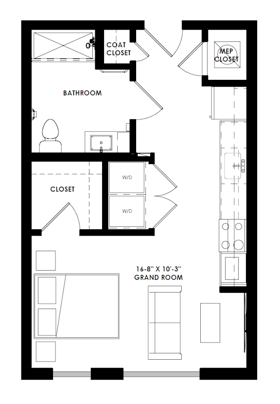 a floor plan of a small house with a bedroom and a bathroom