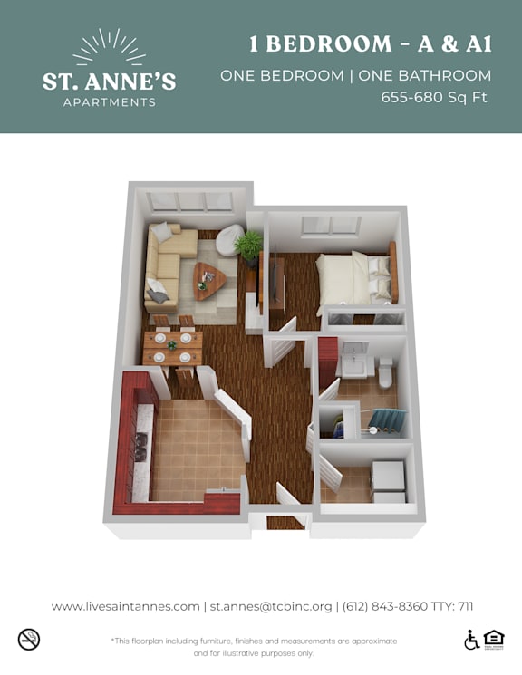 A floor plan of a one bedroom apartment with a living room, kitchen, and bathroom.