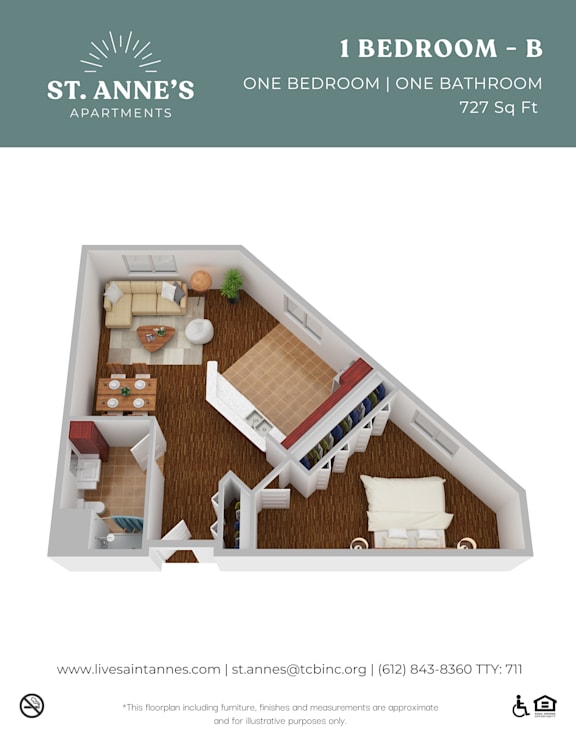 A floor plan of a one bedroom apartment at St. Anne's.