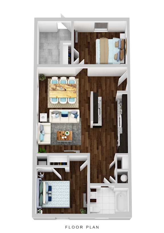 A floor plan of a house with a kitchen, living room, and bedrooms.