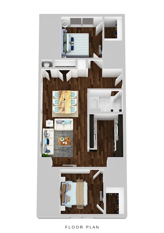 A floor plan of a house with a kitchen, living room, and two bedrooms.