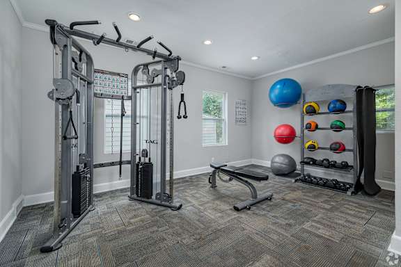 A home gym with a variety of equipment including a squat rack, bench, and exercise balls.