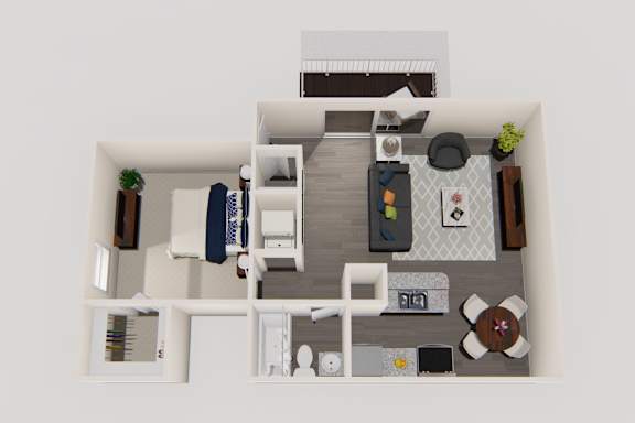 A top-down view of a small, neatly organized apartment with a kitchen, living room, and bathroom.