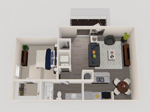 A top-down view of a small apartment with a kitchen, living room, and bedroom.