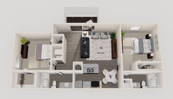 A top-down view of a modern, minimalist apartment layout.