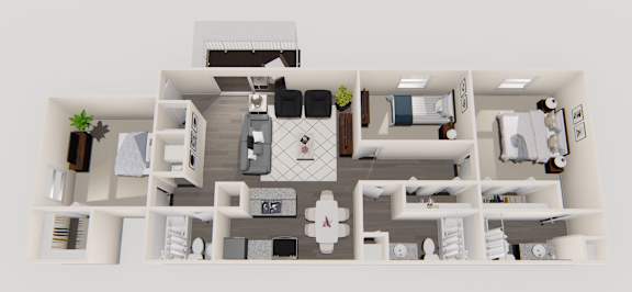 A top down view of a house interior with a kitchen, living room, and bedrooms.