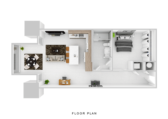 A floor plan of a small apartment with a living room, kitchen, and bedroom.