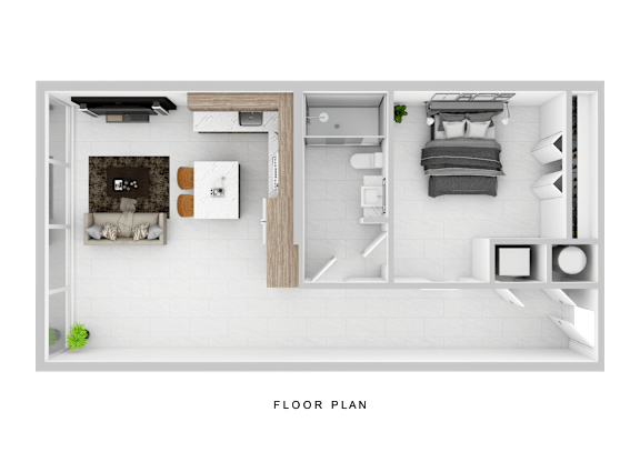 Floor Plan  A floor plan of a small apartment with a kitchen, living room, and bedroom.