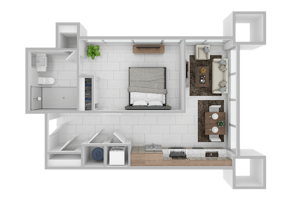 A white floor plan of a small apartment with a kitchen, living room, and bathroom.