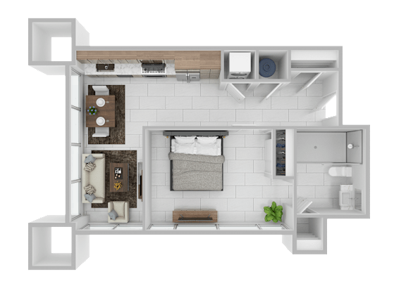 A 3D floor plan of a small apartment with a kitchen, living room, and bathroom.