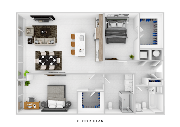 A floor plan of a small apartment with a kitchen, living room, and bedrooms.