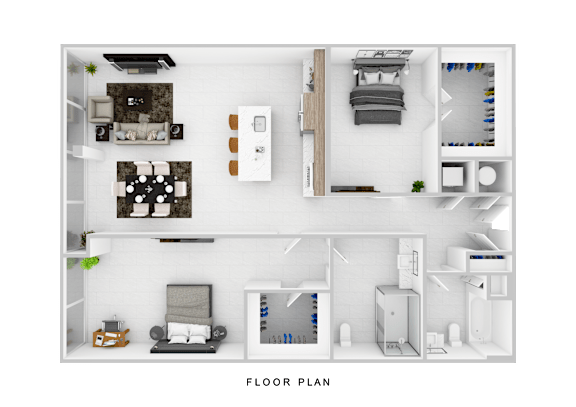 A floor plan of a small apartment with a living room, kitchen, and bedroom.