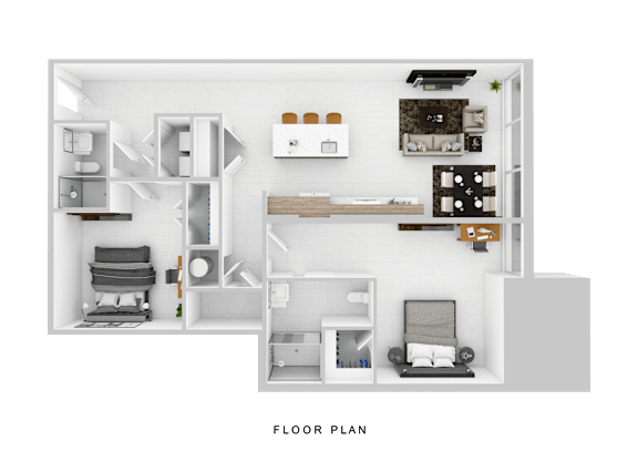 A floor plan of a small apartment with a kitchen, living room, and bedrooms.