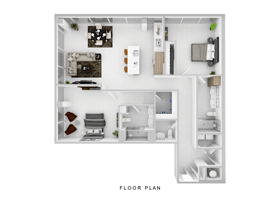 A floor plan of a small apartment with a kitchen, living room, and bedrooms.