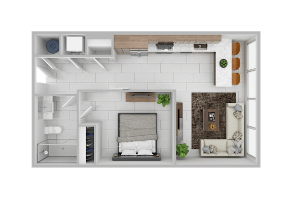 A 3D rendered image of a modern bedroom with a bed, nightstand, and a wall-mounted shelf.