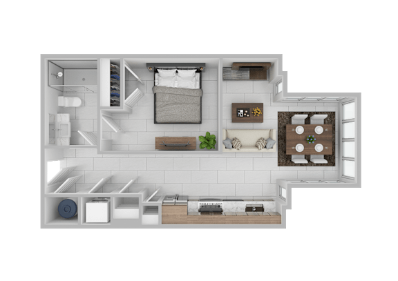 A 3D floor plan of a small apartment with a kitchen, living room, and bathroom.