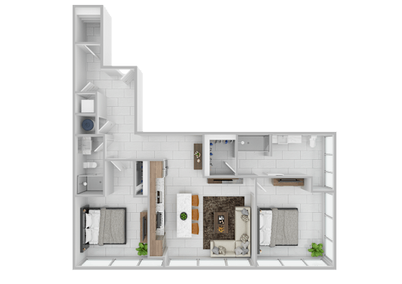 A 3D floor plan of a house with a kitchen, living room, and bathroom.